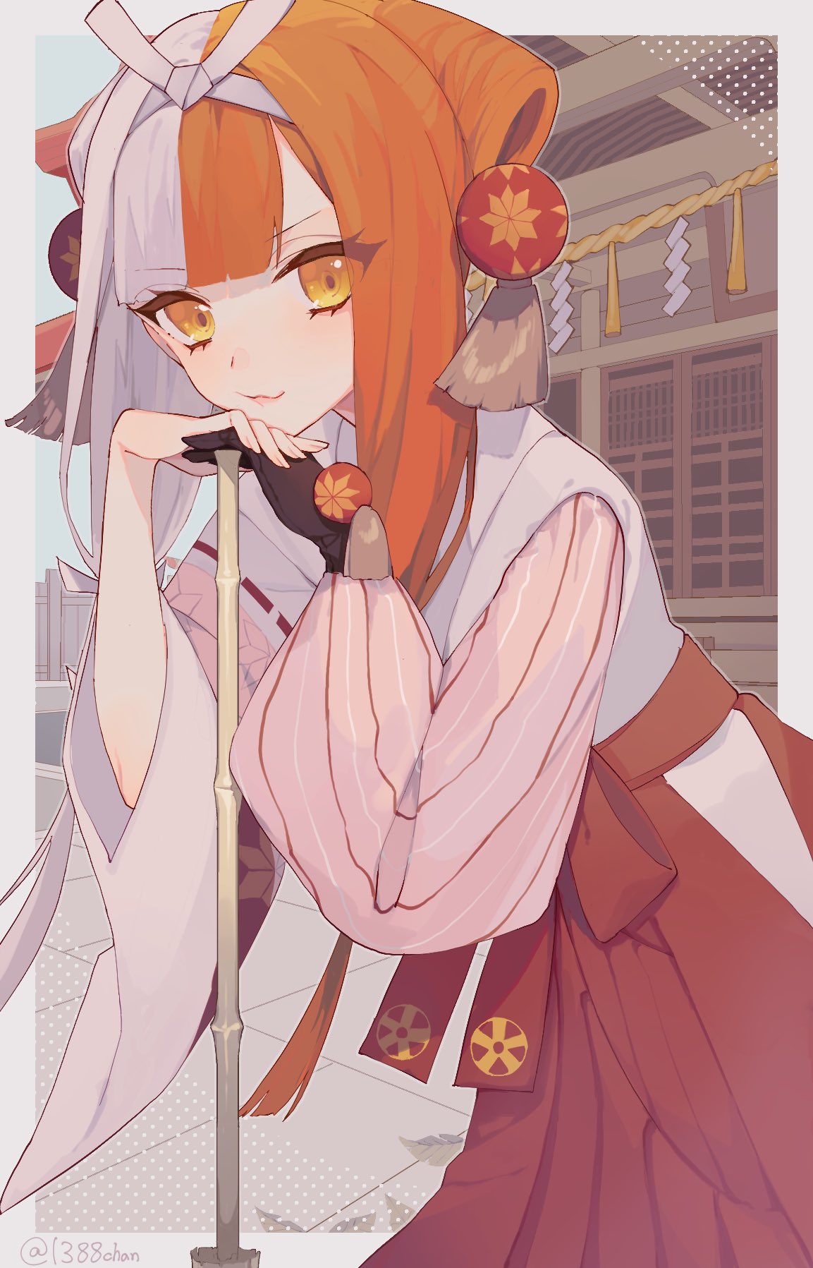 1388chan, 1girl, :3, bamboo_broom, black_gloves, broom, closed_mouth, commentary_request, fate/grand_order, fate_(series), fingernails, gloves, hair_ornament, hakama, hakama_skirt, highres, holding, holding_broom, izumo_no_okuni_(fate), izumo_no_okuni_(second_ascension)_(fate), japanese_clothes, kimono, looking_at_viewer, multicolored_hair, orange_eyes, orange_hair, red_hakama, sidelocks, single_glove, skirt, solo, split-color_hair, twitter_username, two-tone_hair, white_hair, white_kimono, wide_sleeves