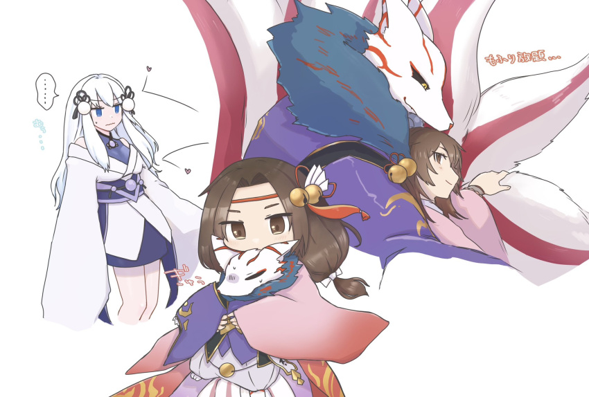 ..., 3girls, animal_ears, bell, black_sclera, blue_eyes, brown_eyes, brown_hair