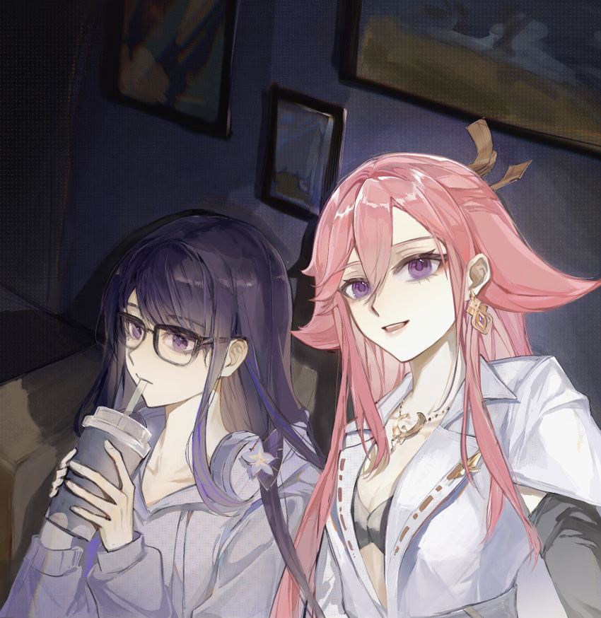 2girls, animal_ears, black_bra, blunt_bangs, bra, contemporary, cup, drinking
