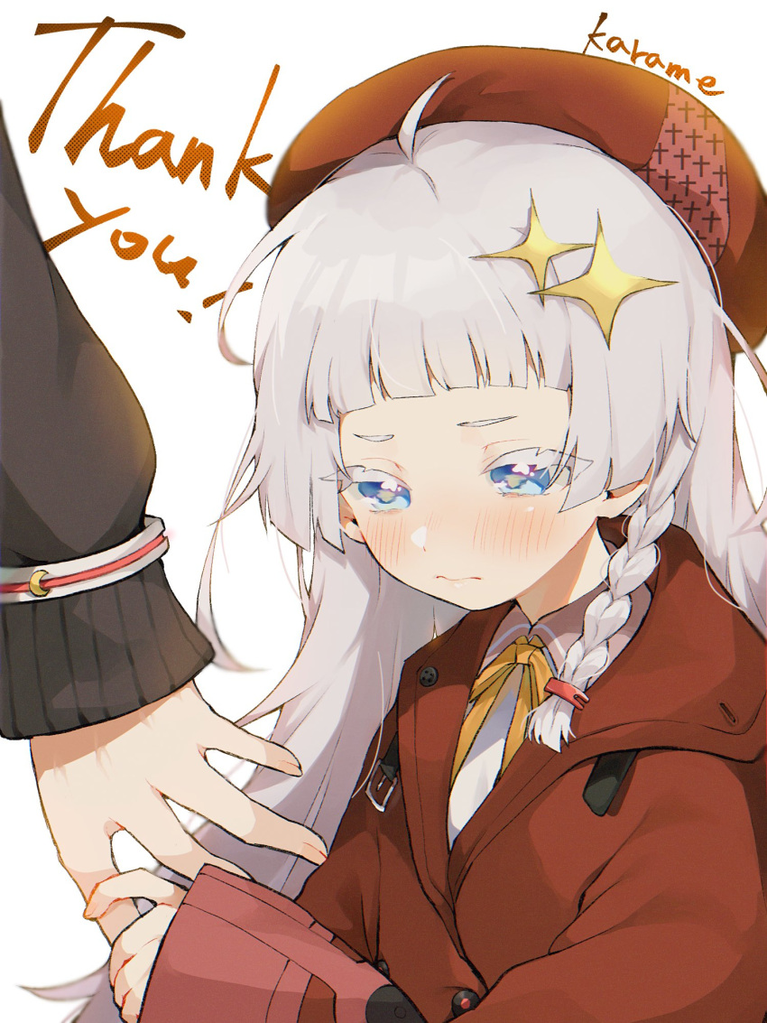 2girls, a.i._voice, artist_name, beret, blue_eyes, blunt_bangs, blush, bracelet