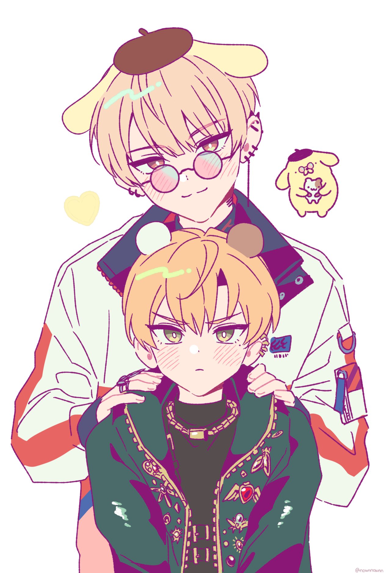 2boys, animal_ears, bear_ears, blonde_hair, blush, brothers, brown_eyes, closed_mouth
