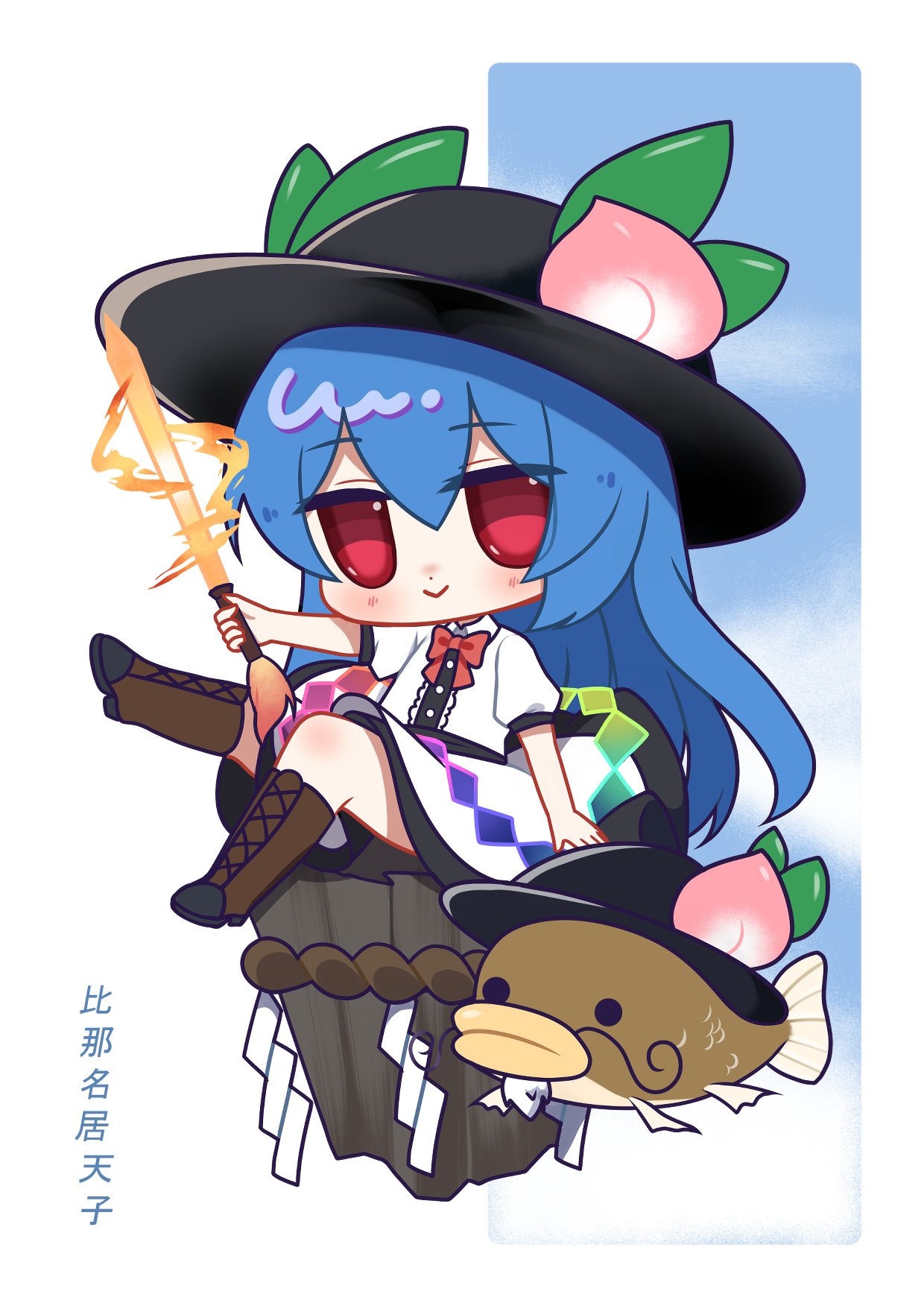1girl, apron, black_headwear, blue_hair, blue_skirt, boots, bow, bowtie
