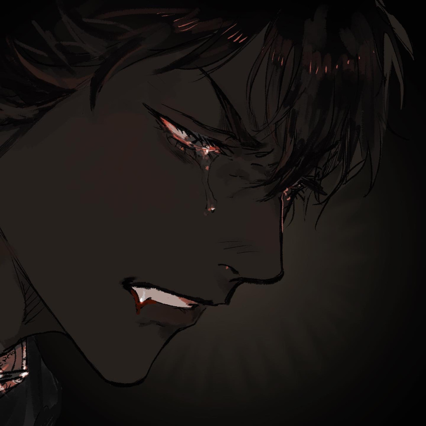 1boy, blood, blood_from_mouth, brown_background, brown_hair, clenched_teeth, crying, dark-skinned_male, dark_skin, fangs, furrowed_brow, grey_eyes, highres, looking_down, male_focus, original, pipopubebu, portrait, simple_background, slit_pupils, solo, tears, teeth, very_dark_skin