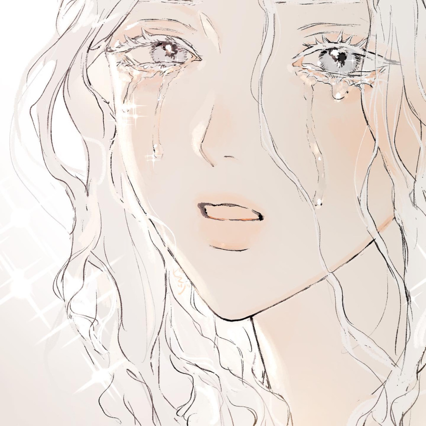 1girl, brown_background, colored_eyelashes, crying, crying_with_eyes_open, gradient_background, grey_eyes, grey_hair, highres, looking_at_viewer, medium_hair, original, parted_lips, pipopubebu, portrait, simple_background, solo, sparkle, tears, translucent_hair, white_background