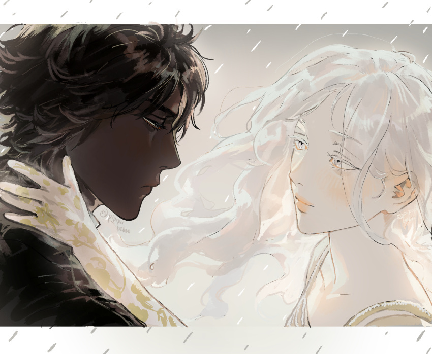 1boy, 1girl, black_jacket, brown_hair, closed_mouth, colored_eyelashes, dark-skinned_male, dark_skin