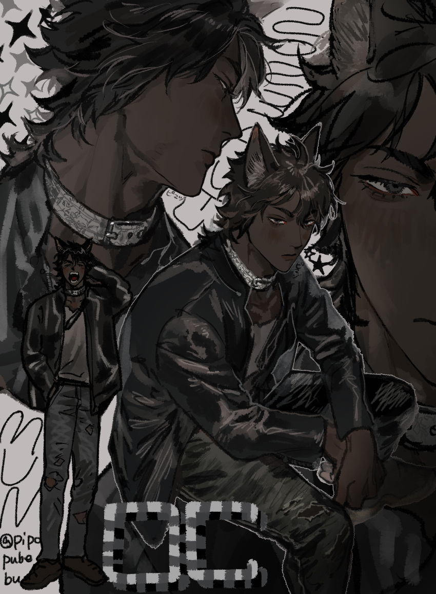 1boy, absurdres, animal_collar, animal_ear_fluff, animal_ears, arm_behind_head, artist_name, black_eyes