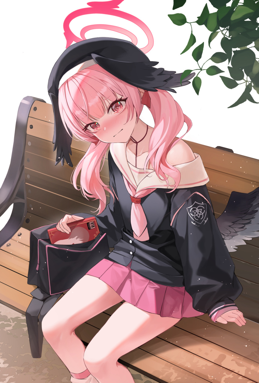 1girl, bag, bench, beret, black_headwear, black_shirt, black_wings, blue_archive