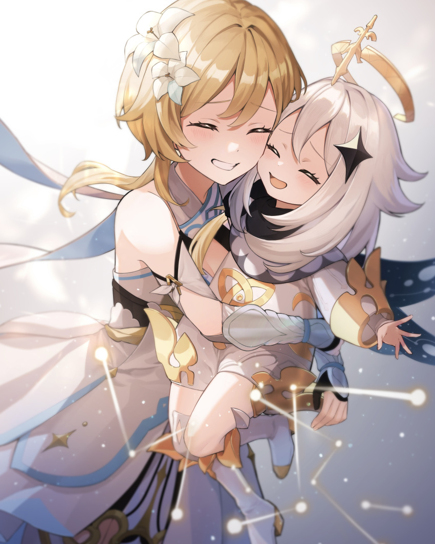 2girls, :d, ^_^, absurdres, black_cape, black_gloves, blonde_hair, bloom