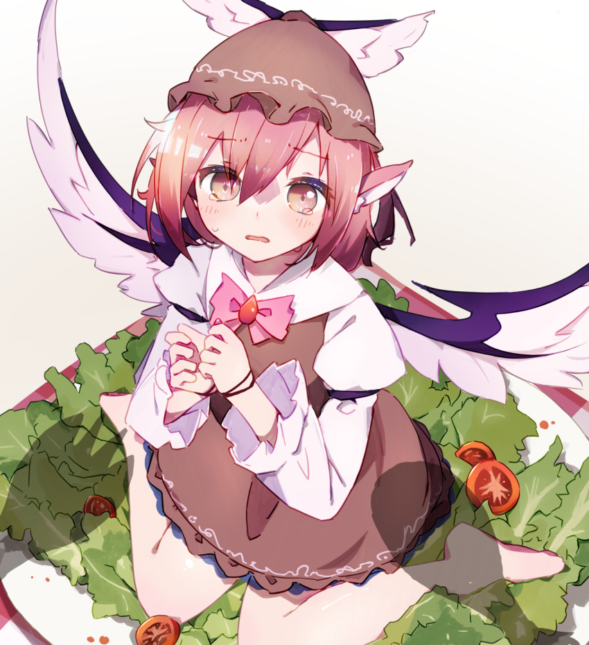 1girl, animal_ears, barefoot, bird_ears, bird_wings, blush, brown_dress, brown_eyes