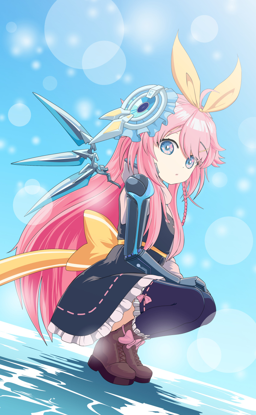 1girl, absurdres, ahoge, arisu_gamu, back_bow, black_dress, black_thighhighs, blue_eyes, blurry, bokeh, boots, bow, bow_hairband, braid, brown_footwear, closed_mouth, cross-laced_footwear, day, depth_of_field, dress, dutch_angle, footwear_bow, frilled_dress, frilled_sleeves, frilled_thighhighs, frills, from_side, full_body, hair_ornament, hairband, headgear, highres, indie_virtual_youtuber, long_hair, long_sleeves, looking_at_viewer, looking_to_the_side, mechanical_arms, mechanical_wings, monsiursandox, pinafore_dress, pink_bow, pink_hair, platform_footwear, ribbon-trimmed_legwear, ribbon_trim, shirt, single_braid, sleeveless, sleeveless_dress, solo, squatting, standing, standing_on_liquid, thigh-highs, very_long_hair, virtual_youtuber, white_shirt, wings, x_hair_ornament, yellow_bow, yellow_hairband