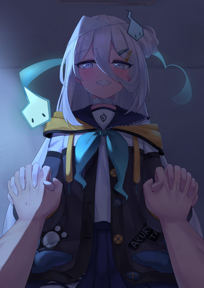1girl, blue_neckerchief, commentary_request, commission, grin, hair_between_eyes, highres, hitodama