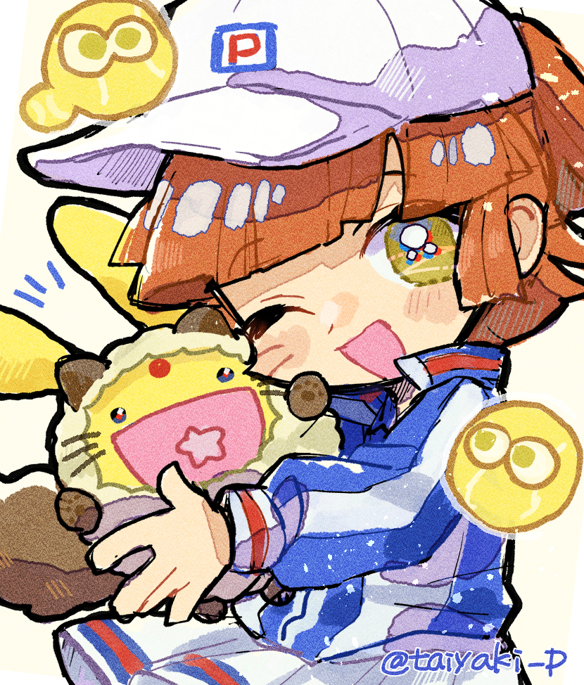 1girl, arle_nadja, blue_jacket, brown_hair, carbuncle_(puyopuyo), cosplay, doradorakingyo, echizen_ryooma, echizen_ryooma_(cosplay), facial_mark, holding, jacket, long_sleeves, looking_at_viewer, one_eye_closed, open_mouth, ponytail, puyo_(puyopuyo), puyopuyo, puyopuyo_quest, simple_background, skirt, whisker_markings, white_background, white_headwear, white_skirt