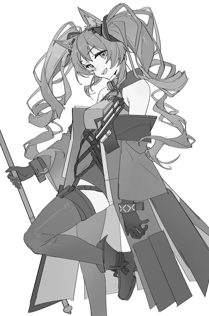 1girl, absurdres, angelina_(arknights), angelina_(endfield)_(arknights), animal_ears, arknights, arknights:_endfield, armor, boots, breastplate, breasts, chinese_commentary, coat, detached_sleeves, dress, drill_hair, earpiece, foot_out_of_frame, fox_ears, fox_girl, from_side, garter_straps, gloves, greyscale, highres, holding, holding_staff, hongchamashu, infection_monitor_(arknights), long_hair, looking_at_viewer, medium_breasts, monochrome, open_clothes, open_coat, open_mouth, simple_background, smile, solo, staff, standing, standing_on_one_leg, thigh-highs, twin_drills, twintails, white_background, zettai_ryouiki