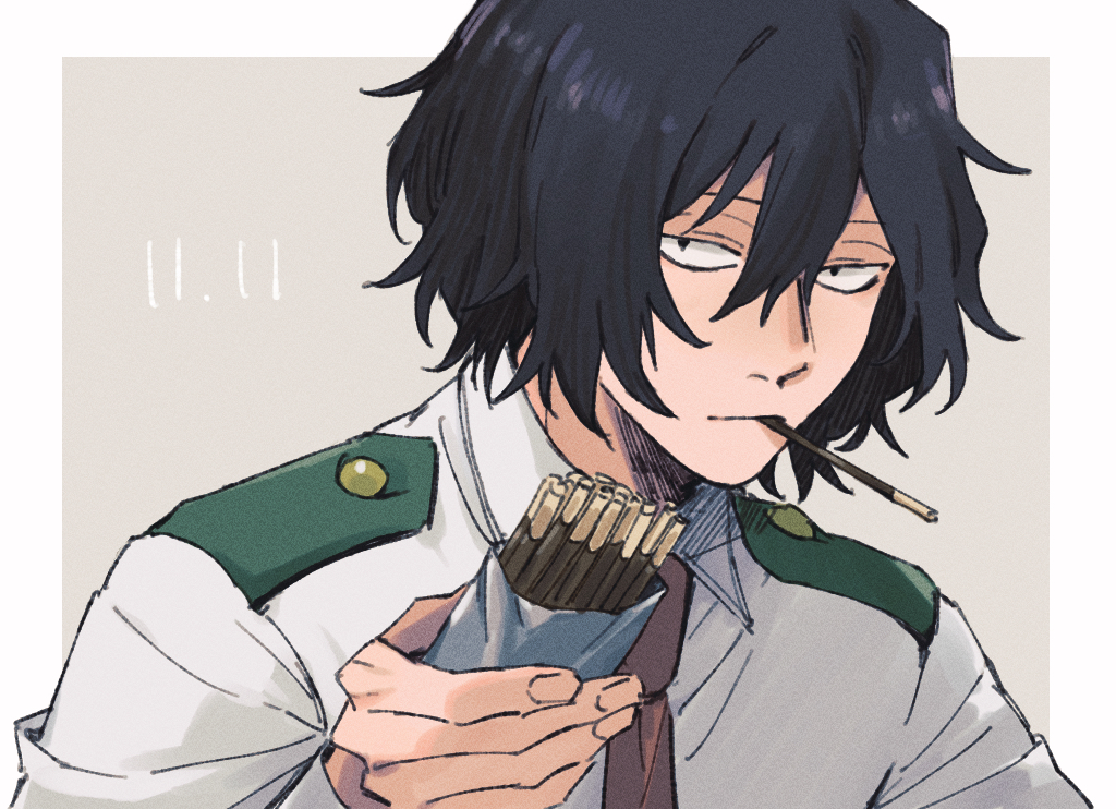 1boy, bags_under_eyes, black_eyes, black_hair, boku_no_hero_academia, border, brown_necktie, collared_shirt