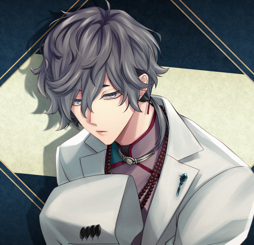 1boy, blue_background, blue_eyes, buttoned_cuffs, buttons, closed_mouth, collared_shirt, commentary, commentary_request, expressionless, grey_hair, iritani_ryouya, jacket, looking_at_viewer, male_focus, mandarin_collar, outside_border, piofiore_no_bansho, purple_shirt, rui_(piofiore_no_bansho), sanpaku, shirt, short_hair, sleeves_past_fingers, sleeves_past_wrists, solo, suit_jacket, upper_body, very_long_sleeves, white_background, white_jacket
