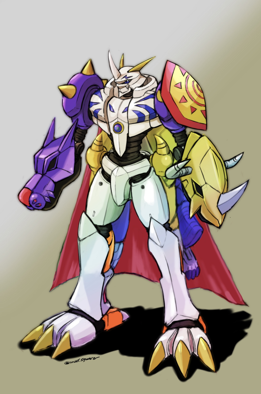 absurdres, arm_cannon, armor, blue_eyes, cape, digimon, digimon_(creature), gradient_background, highres, horns, mas_square, no_humans, omegamon, robot, solo, spikes, standing, weapon