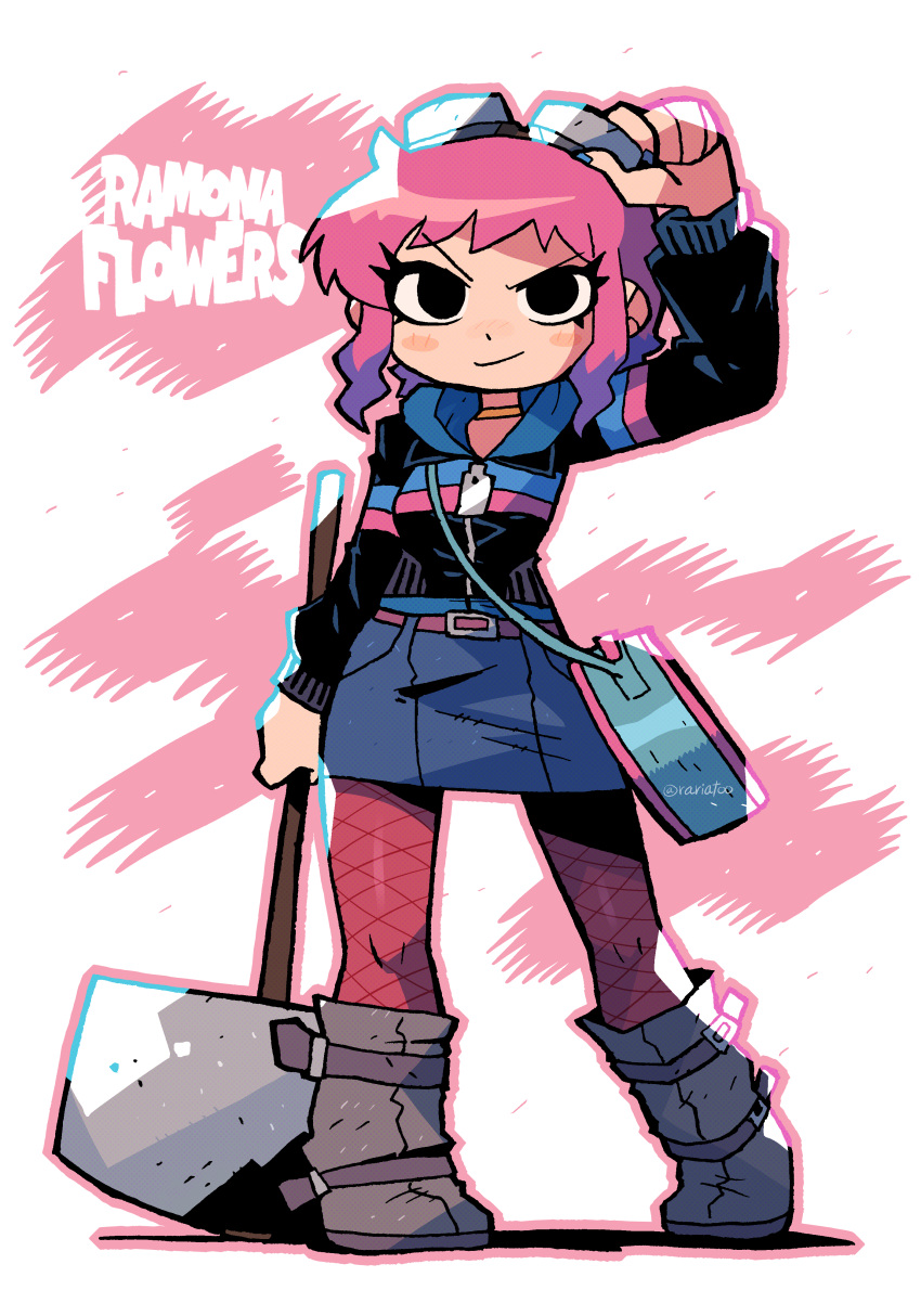 1girl, absurdres, arm_up, black_eyes, black_jacket, blue_nails, full_body, goggles