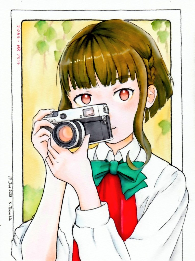 1girl, border, bow, bowtie, braid, brown_hair, camera, dated