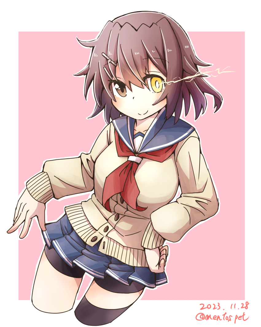 1girl, absurdres, aoba_(akibajun), bike_shorts, black_thighhighs, blue_sailor_collar, blue_skirt, brown_cardigan, brown_hair, cardigan, cowboy_shot, cropped_legs, furutaka_(kancolle), glowing, glowing_eye, heterochromia, highres, kantai_collection, pink_background, sailor_collar, school_uniform, serafuku, short_hair, single_thighhigh, skirt, smile, solo, thigh-highs, twitter_username, two-tone_background, yellow_eyes