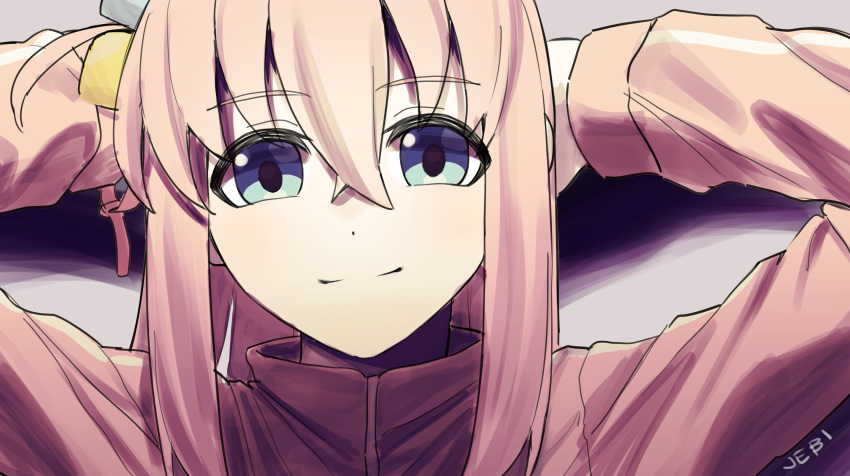 1girl, absurdres, arms_behind_head, artist_name, blue_eyes, bocchi_the_rock!, closed_mouth, crossed_bangs