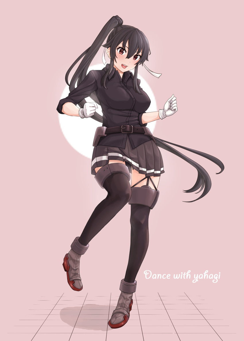 1girl, absurdres, belt, black_hair, black_shirt, black_skirt, black_thighhighs, dancing