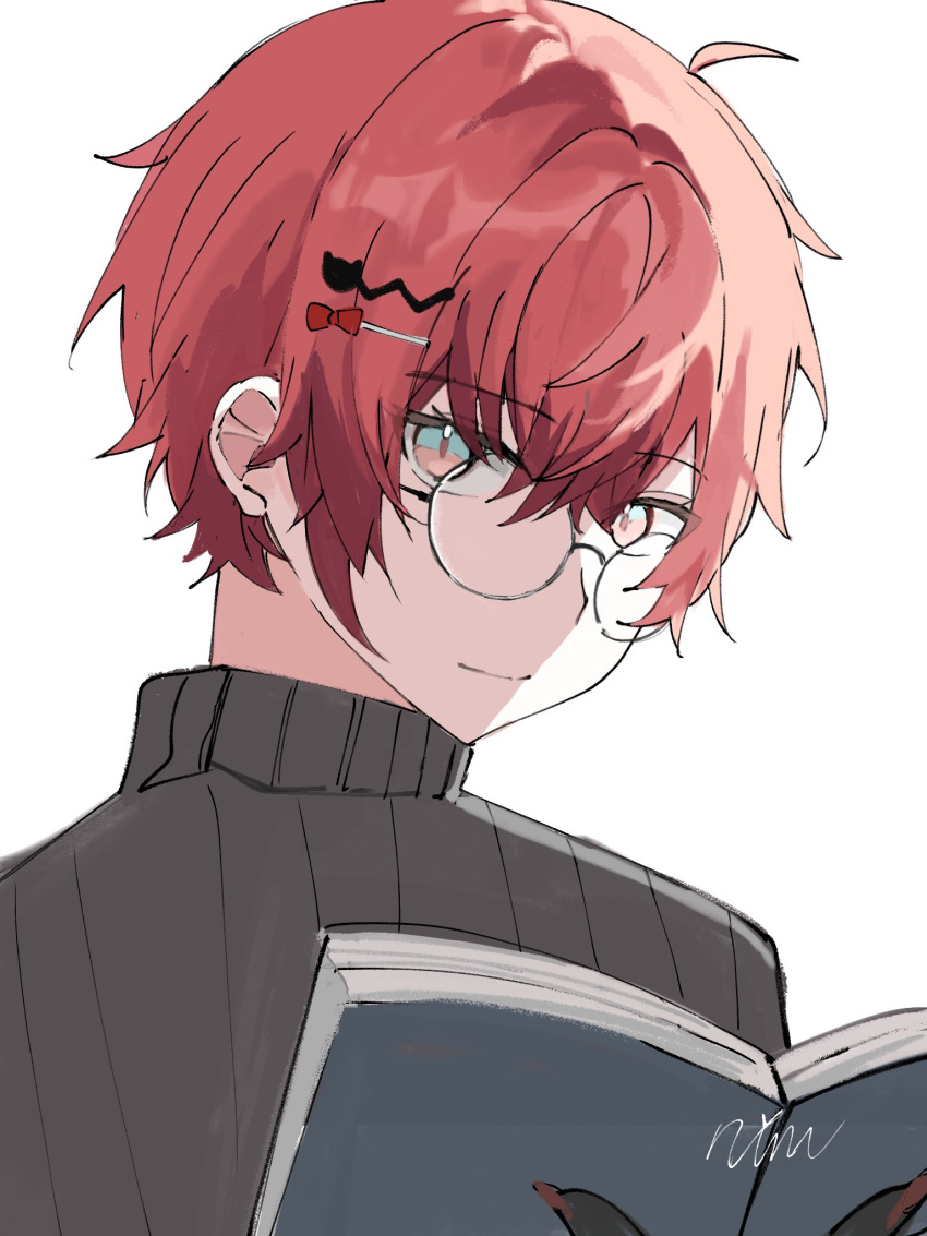 1boy, ahoge, alternate_hairstyle, artist_name, book, bow, glasses, grey_sweater