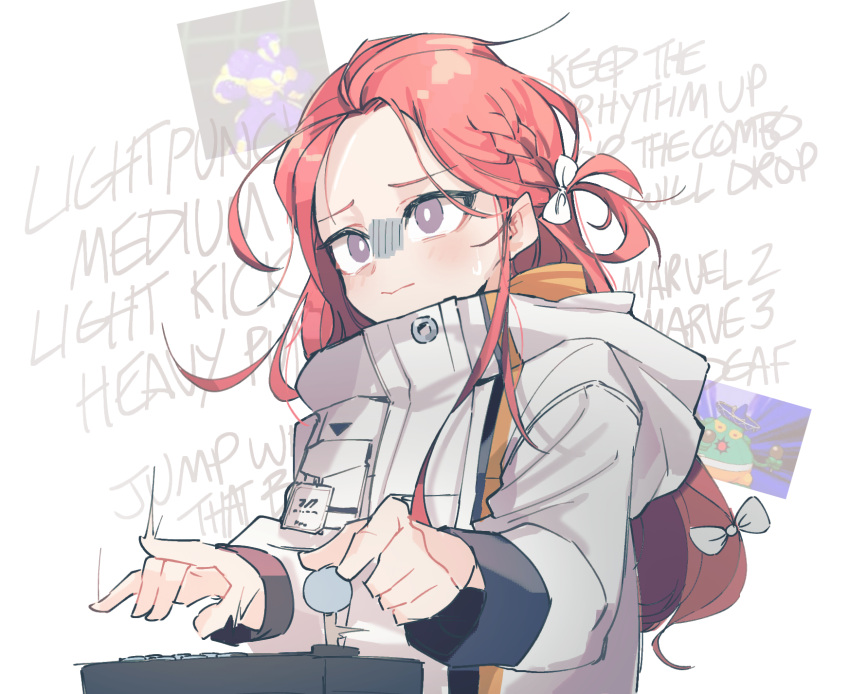 1girl, amingo, arcade_stick, blue_archive, blush, bow, braid, character_request, controller, english_text, eri_(erikiri), forehead, game_controller, grey_eyes, halo, highres, holding, holding_controller, holding_game_controller, jacket, joystick, long_hair, long_sleeves, marvel_vs._capcom, marvel_vs._capcom_2, playing_games, redhead, solo, yuzu_(blue_archive)