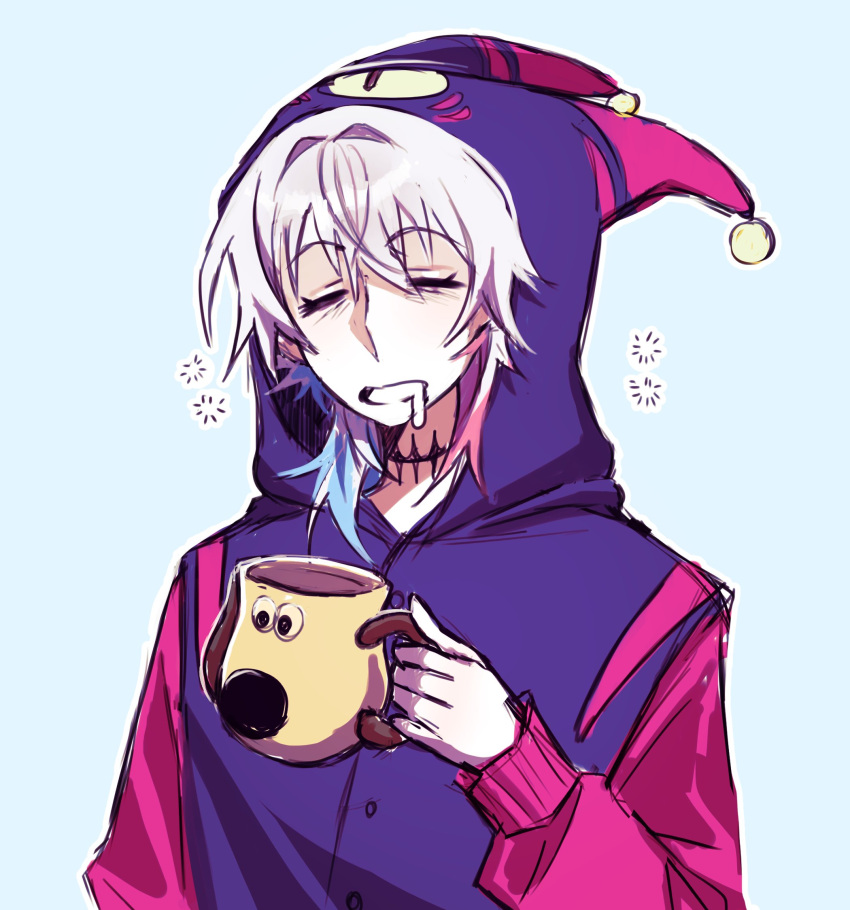 1boy, animal_cup, animal_hood, blue_hair, closed_eyes, coffee_mug, cup, drooling