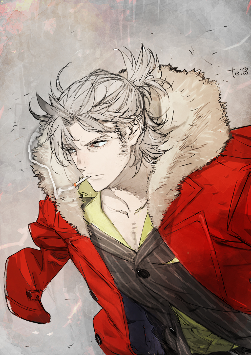 1boy, cigarette, coat, fate/grand_order, fate_(series), fur-trimmed_jacket, fur_trim, green_shirt, grey_eyes, grey_hair, highres, jacket, ponytail, red_coat, shirt, sideburns, smoking, striped, striped_jacket, takeda_shingen_(fate), toi8