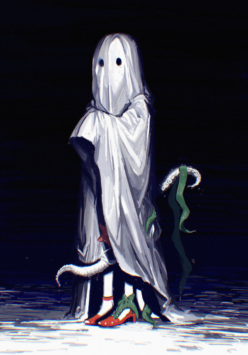 1girl, anklet, black_background, dark_background, full_body, ghost_costume, high_heels, highres, jewelry, looking_at_viewer, nagikiho, poltergeist_(reverse:1999), red_footwear, reverse:1999, seaweed, simple_background, solo, standing, starfish, tentacles, toeless_footwear