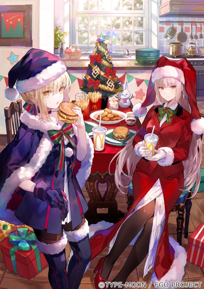 2girls, artoria_pendragon_(fate), blue_gloves, blue_santa_costume, boots, bow, braid, burger
