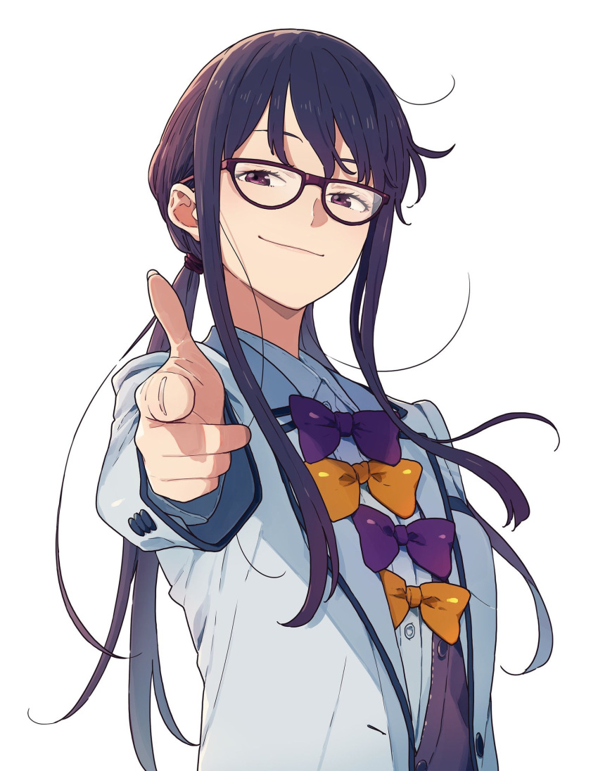 1girl, bow, bowtie, cardigan, finger_gun, glasses, hair_tie, highres