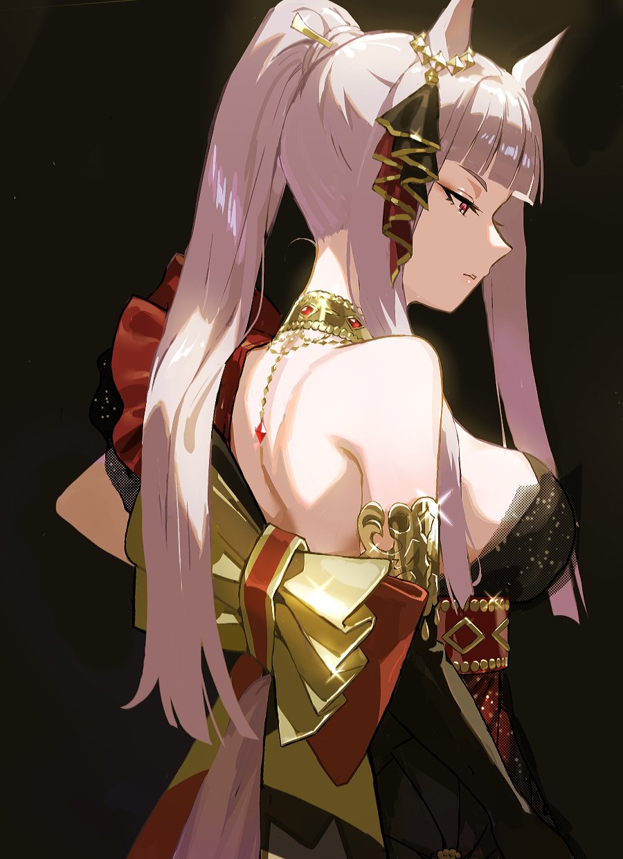 1girl, animal_ears, back, black_background, black_dress, black_gloves, blunt_bangs, bow
