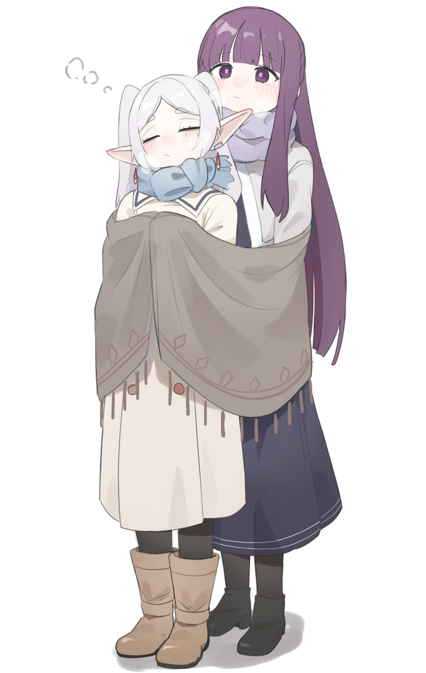 2girls, absurdres, ainkun, blunt_bangs, boots, closed_mouth, cut_bangs, dress