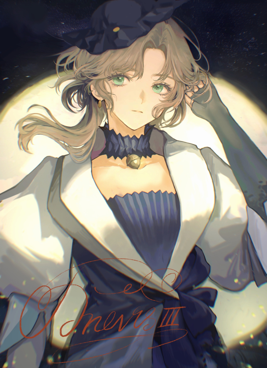 1girl, absurdres, adjusting_hair, black_gloves, blonde_hair, blue_choker, blue_dress, blue_headwear