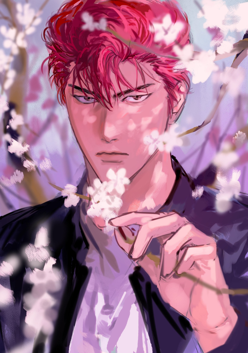 1boy, bishounen, black_eyes, black_jacket, cherry_blossoms, close-up, closed_mouth, dappled_sunlight, highres, holding, holding_plant, jacket, looking_at_viewer, male_focus, mukur_sd, open_clothes, open_jacket, outdoors, plant, pompadour, redhead, sakuragi_hanamichi, shirt, short_hair, slam_dunk_(series), solo, sunlight, toned, toned_male, upper_body, white_shirt