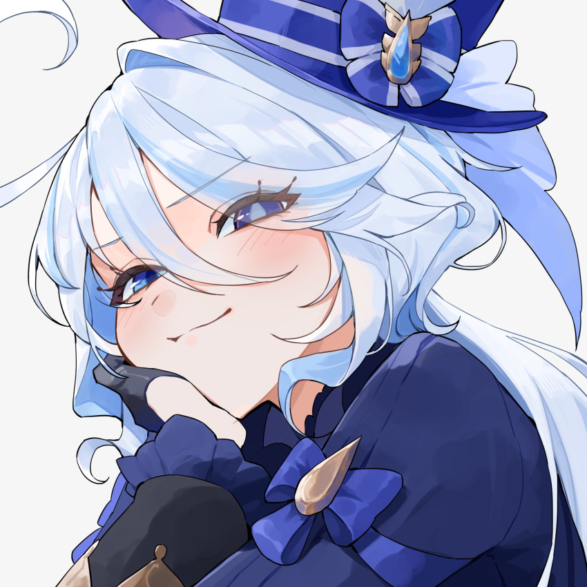 1girl, ahoge, blue_eyes, blue_hair, blue_headwear, blue_jacket, blush, commentary_request