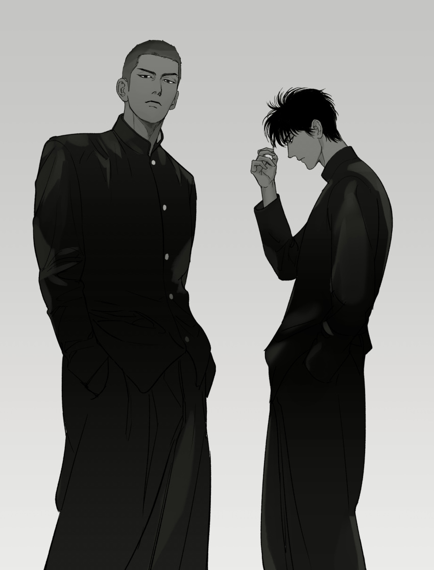 2boys, bishounen, black_eyes, black_hair, buzz_cut, cowboy_shot, gakuran, greyscale, hand_in_own_hair, hands_in_pockets, highres, looking_at_viewer, loose_pants, male_focus, monochrome, mukur_sd, multiple_boys, profile, redhead, rukawa_kaede, sakuragi_hanamichi, school_uniform, short_hair, slam_dunk_(series), toned, toned_male, very_short_hair