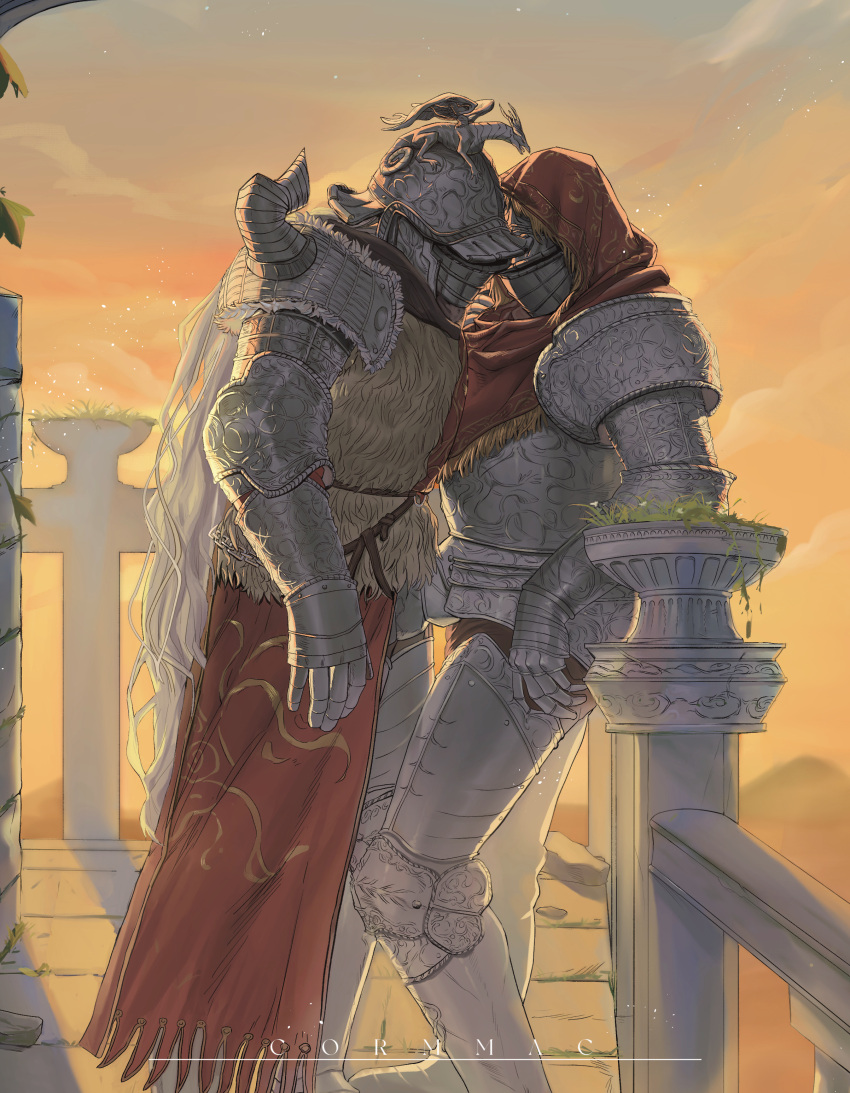 2others, absurdres, adios, against_fence, armor, banished_knight, between_legs, cape