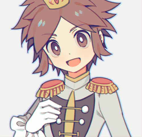 1boy, bright_pupils, brown_eyes, brown_hair, commentary_request, crown, epaulettes, gloves