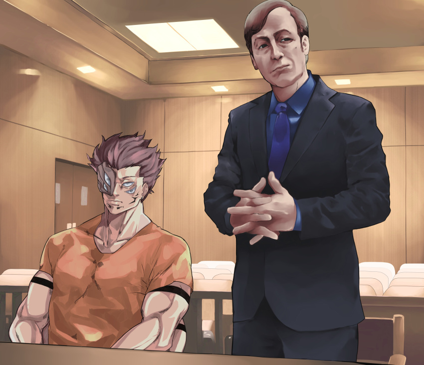 2boys, absurdres, arm_tattoo, better_call_saul, black_suit, blue_necktie, blue_shirt, breaking_bad