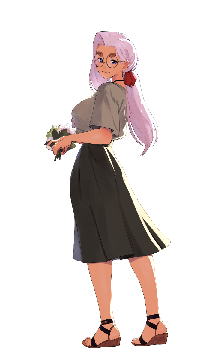 1girl, blue_eyes, blush, breasts, feet, flower, full_body, glasses