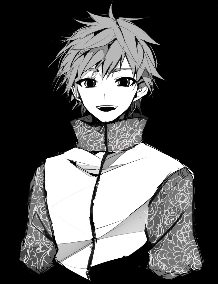 1boy, :d, absurdres, aino_(tai_sekaiyou_mahou_shoujo_tsubame), black_background, commentary_request, cropped_torso, greyscale, high_collar, highres, jacket, looking_at_viewer, male_focus, monochrome, open_mouth, print_jacket, short_hair, smile, solo, tai_sekaiyou_mahou_shoujo_tsubame, tasutekete, teeth, upper_body, upper_teeth_only