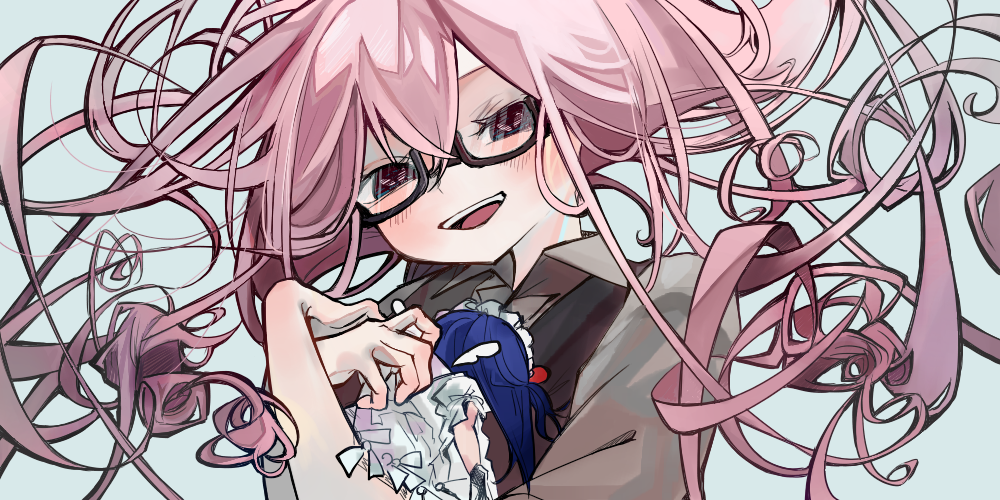 2girls, :d, black-framed_eyewear, blue_background, blue_hair, blush, carrying, carrying_person