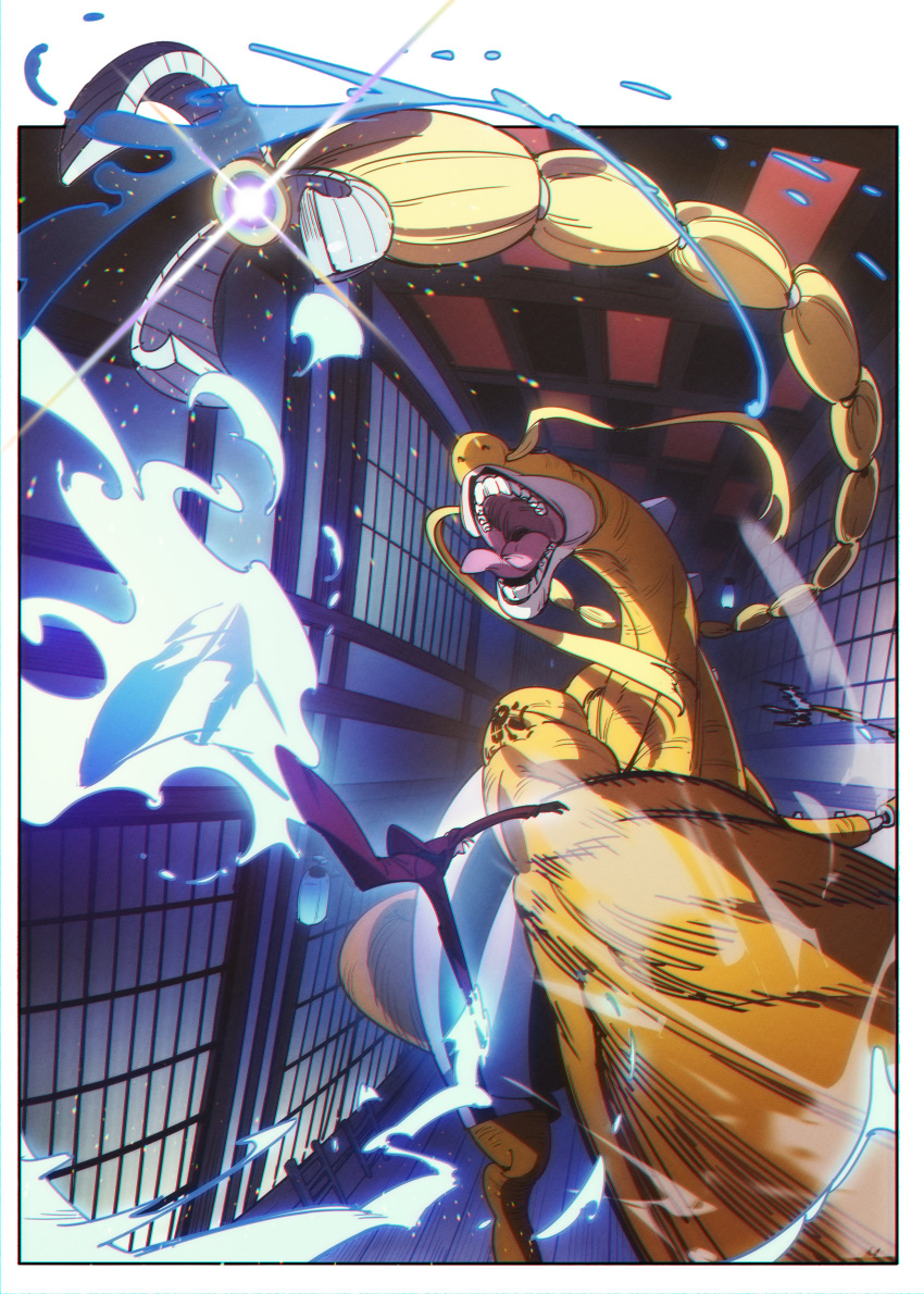 2boys, absurdres, black_gloves, blue_fire, brachiosaurus, cyborg, dinosaur, dinosaur_boy