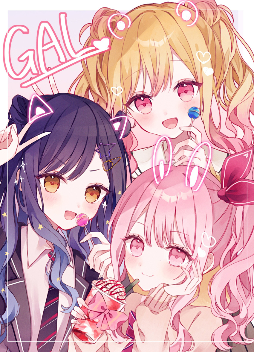 1other, 2girls, :d, absurdres, akiyama_mizuki, androgynous, animal_ears, arm_up
