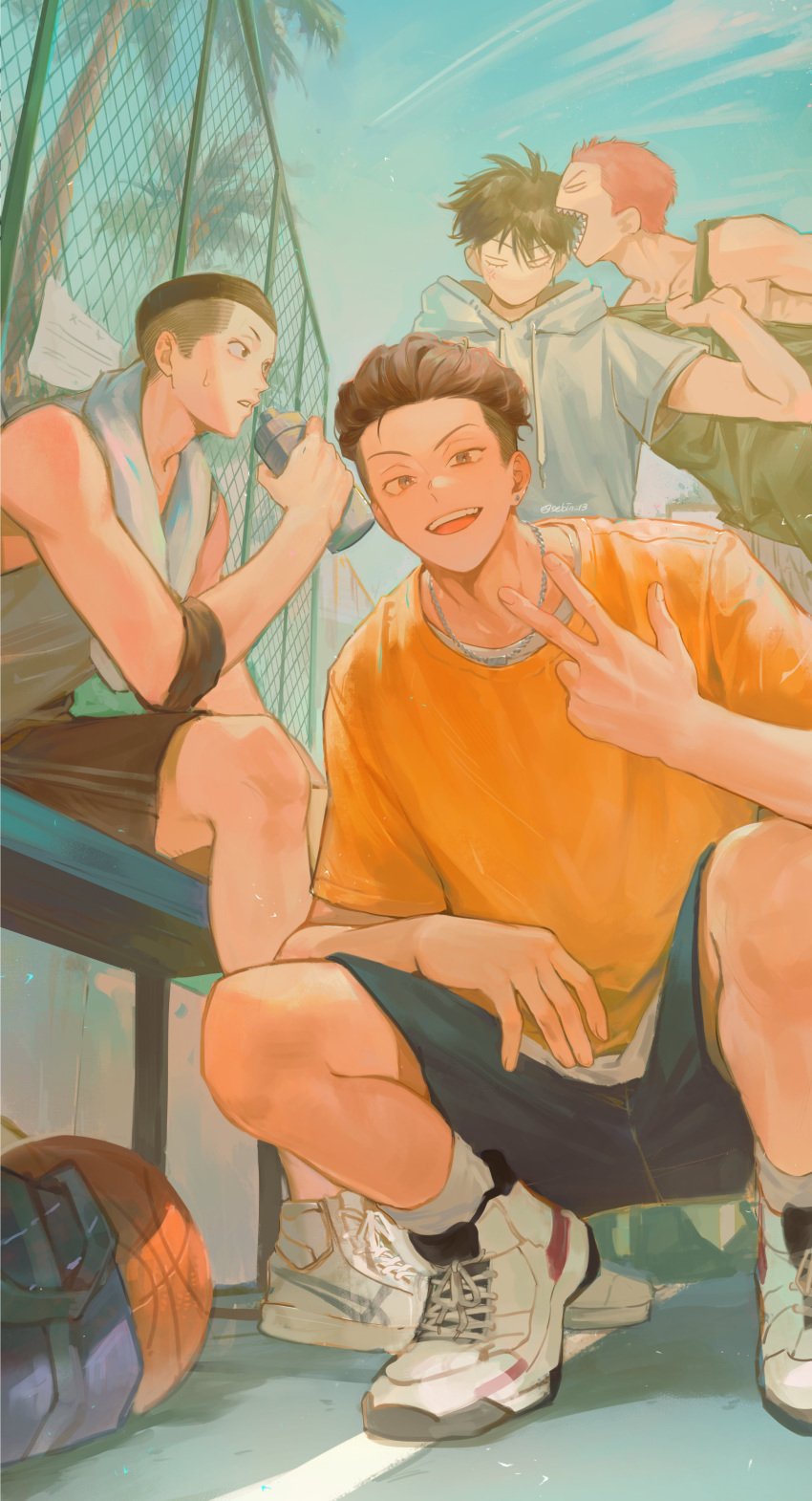 4boys, absurdres, armband, bag, bishounen, biting, black_armband, black_hair