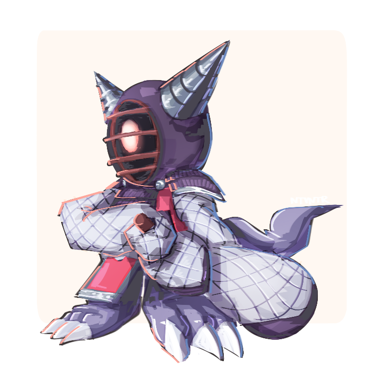 armor, claws, covered_face, creature, digimon, digimon_(creature), face_in_shadow, full_body, glowing, glowing_eyes, horns, kotemon, no_humans, notaventura, simple_background, sleeves_past_fingers, sleeves_past_wrists, standing, white_background, wide_sleeves