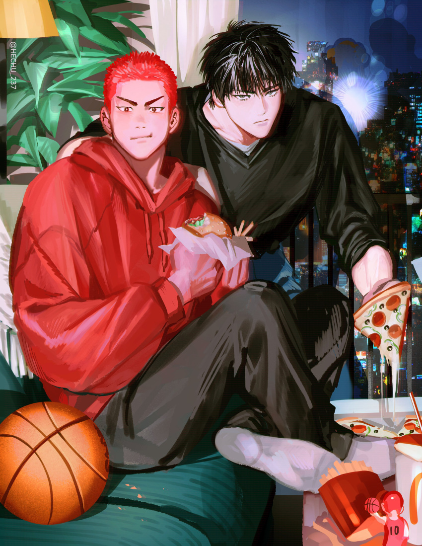 2boys, absurdres, ball, basketball_(object), bishounen, black_eyes, black_hair, black_pants