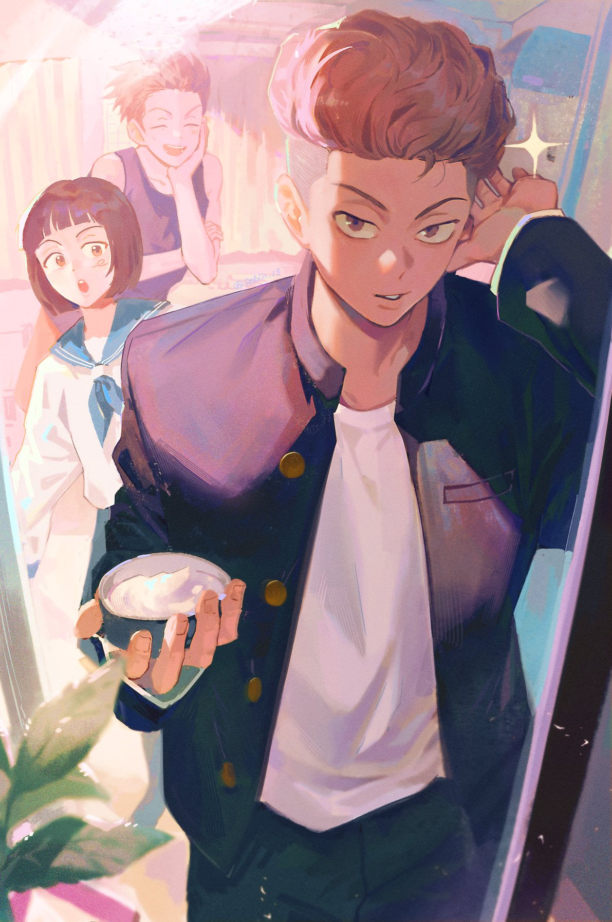 1girl, 2boys, bishounen, blue_sailor_collar, blue_serafuku, brother_and_sister, brothers, brown_eyes, brown_hair, closed_eyes, gakuran, ghost, hand_in_own_hair, highres, holding, looking_at_another, looking_at_mirror, looking_at_viewer, medium_hair, mirror, miyagi_anna, miyagi_ryouta, miyagi_sota, multiple_boys, open_mouth, pomade, sailor_collar, school_uniform, sebin_13, serafuku, shirt, siblings, slam_dunk_(series), smile, undercut, upper_body, wavy_hair, white_shirt